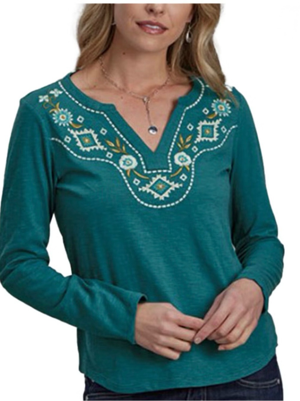 Roper Teal Embroidered Western Boho Top Medium Long Sleeve Slub Knit Cowgirl